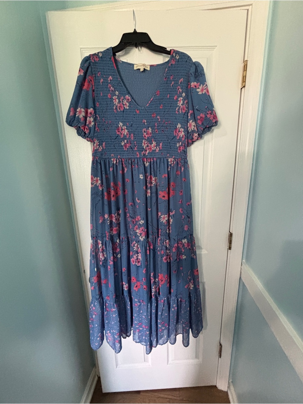 Penelope Rose Blue Floral Smocked V-Neck Midi Dress with Puff Sleeves
